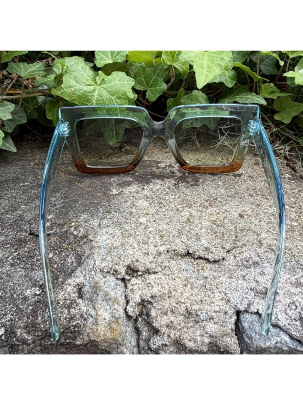 Oversized Square Gradient Sunglasses Blue Amber Ombre Retro Festival Sunnies - Picture 8 of 16